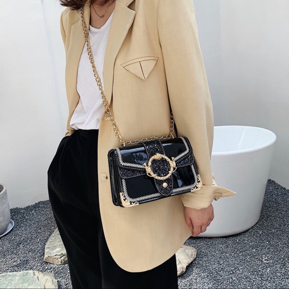 Graphite Chain Glitter Leather Shoulder Bag / Crossbody Bag (Black) - Picture 4 of 7